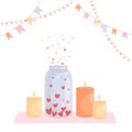 Postcard in gentle colors with garlands, flags and confetti, hearts in a jar for Valentine's Day and burning candles Royalty Free Stock Photo