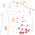 Postcard in gentle colors with garlands, flags and confetti, hearts for Valentine's Day and burning candles. Royalty Free Stock Photo