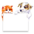 Postcard of a ginger kitten and Jack Russell Terrier and sheet of paper.