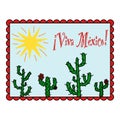 Postcard, greeting card or fridge magnet print with cactus, sun and Viva Mexico text, doodle vector