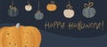 Postcard for Halloween. Unusual gray pumpkin with golden spots. Horizontal format. Dark background