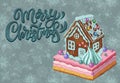 Postcard with hand drawnin gingerbread house isolated on night background. Christmas cookies and snowflakes Royalty Free Stock Photo