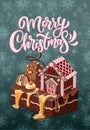 Postcard with hand drawnin gingerbread house isolated on night background. Christmas cookies and snowflakes Royalty Free Stock Photo