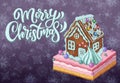 Postcard with hand drawnin gingerbread house isolated on night background. Christmas cookies and snowflakes Royalty Free Stock Photo