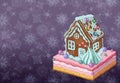 Postcard with hand drawnin gingerbread house isolated on night background. Christmas cookies and snowflakes Royalty Free Stock Photo