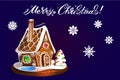 Postcard with hand drawnin gingerbread house isolated on night background. Christmas cookies and snowflakes. Merry Christmas lette Royalty Free Stock Photo