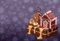 Postcard with hand drawnin gingerbread house isolated on night background. Christmas cookies and snowflakes Royalty Free Stock Photo