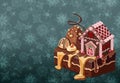 Postcard with hand drawnin gingerbread house isolated on night background. Christmas cookies and snowflakes Royalty Free Stock Photo