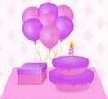 Postcard happy birthday in pink and purple colors