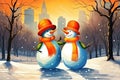 Postcard with happy couple snowmen in a snowy park. Cute Character