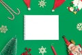 Postcard Happy New Year Flat lay composition with scroll and Christmas decor Royalty Free Stock Photo