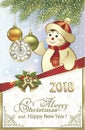 Postcard Happy New Year 2018 with a snowman on a background of fir branches, balls and clock Royalty Free Stock Photo