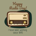 Postcard Happy Radio Day in retro style. Radio receiver in vintage colors. Suitable for promotional products of flyers