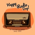 Postcard Happy Radio Day in retro style. Radio receiver in vintage colors. Suitable for promotional products of flyers