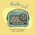 Postcard Happy Radio Day in retro style. Radio receiver in vintage colors. Suitable for promotional products of flyers