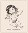 Postcard Happy Valentine's Day with the boy-angel. Hand drawing illustration