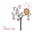 Postcard: Happy Valentines Day. Fanny owl on a tree with hearts