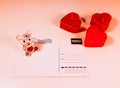 Postcard, hearts and crystal toy for Valentine`s Day Royalty Free Stock Photo