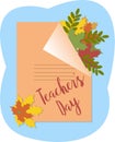 Postcard Holiday teacher`s day, notebook, leaves, autumn