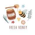 Postcard for honey product , fresh honey text. Barrel with honey, bees, flowers, spoon.