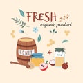Postcard for honey product , fresh organic product text. Barrel, jars, spoon, flowers, apple Useful for design flyers, stickers