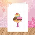 Postcard with ice cream on doodle background