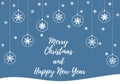 Postcard illustration with congratulation Merry Christmas and Happy New Year. Snowflakes and Christmas balls on the card Royalty Free Stock Photo