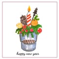 postcard illustration watercolor bucket with Christmas tree branches, toys, oranges