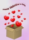 Postcard with the inscription. Box with hearts. Valentine's Day. Love surprise. Open box flying hearts
