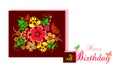 Postcard with the inscription HAPPY BIRTHDAY! with dark red rectangular mural with colored floral ornaments.