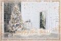 Postcard with the inscription `Happy New year! with a huge Christmas tree, sparks