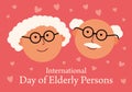 Postcard International Day of Older Persons. Funny grandfather and grandmother on the background of hearts