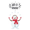 A postcard with a joyful, smiling Christmas snowman in a red scarf juggling snowballs. Hand lettering phrase - Let it Royalty Free Stock Photo