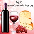 Postcard for 25 July International Day Wine and Cheese with a bottle and glass of cheese and grapes