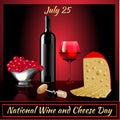 Postcard 25 July International Day of Wine and Cheese with a bottle and glass of cheese and grapes