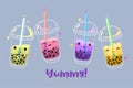 Postcard with kawaii bubble tea. Vector graphics