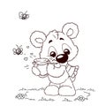 Postcard kind little bear cub honey bees illustration cartoon coloring