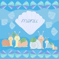 a postcard made of colorful snails and shells for the design of the children s menu