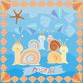 a postcard made of colorful snails and shells for the design of the children s menu