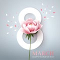 March 8. Happy womens day. Stylish greeting design with peony