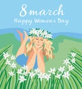 Postcard March 8. Happy womens day. Contented girl in a field among spring flowers