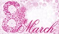 Postcard March 8. pink-white lace background. Women`s holiday. Place for text.