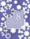 Postcard March 8 in purple and white colors. Happy women`s day, modern design.