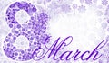 Postcard March 8. violet-white lace background. Women`s holiday. Place for text.