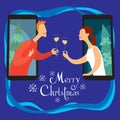 Postcard Merry Christmas. The guy and the girl clink glasses of champagne Royalty Free Stock Photo