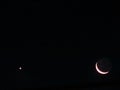 Postcard of the moon and venus, both reddish in the black night