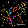 Postcard multicolored branches with butterflies. Vector