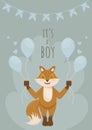 Postcard newborn, it\'s a boy, a fox with blue balloons. Royalty Free Stock Photo