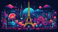 Postcard with night Paris, the Eiffel Tower, geometric neon style Royalty Free Stock Photo
