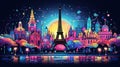 Postcard with night Paris, the Eiffel Tower, geometric neon style Royalty Free Stock Photo